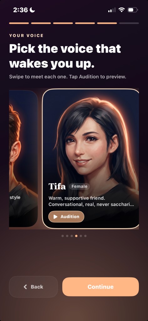 Ifrit onboarding screen for choosing and auditioning a wake-up voice persona.